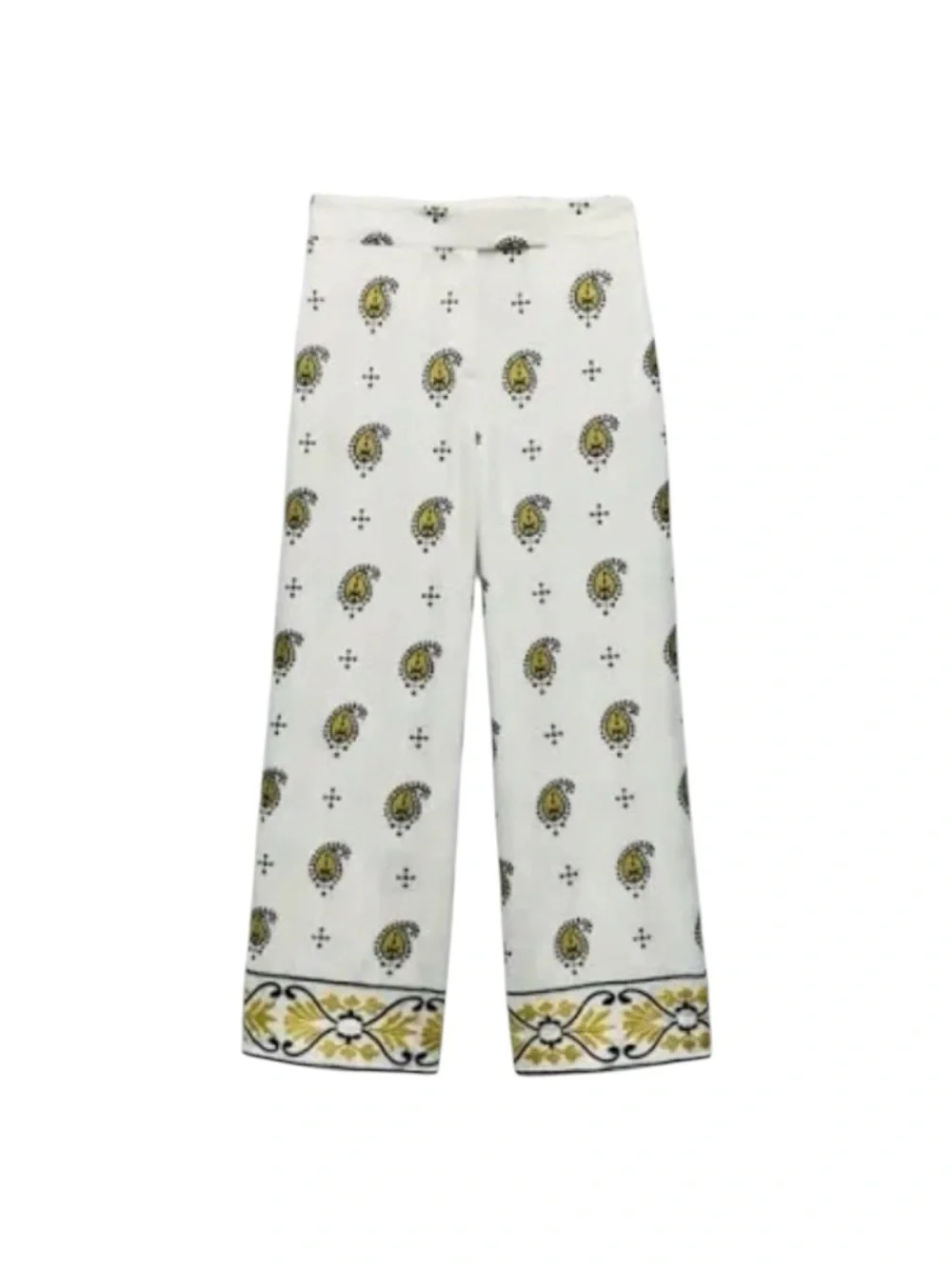 ZARA. White Yellow Embroidered Linen Blend Wide Leg Pants Side Pockets XL